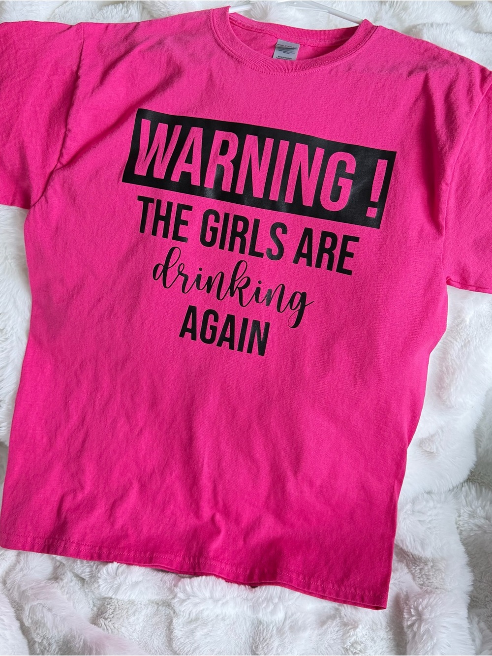 Gildan Hot Pink Short Sleeve Tee with Black Warning Graphic